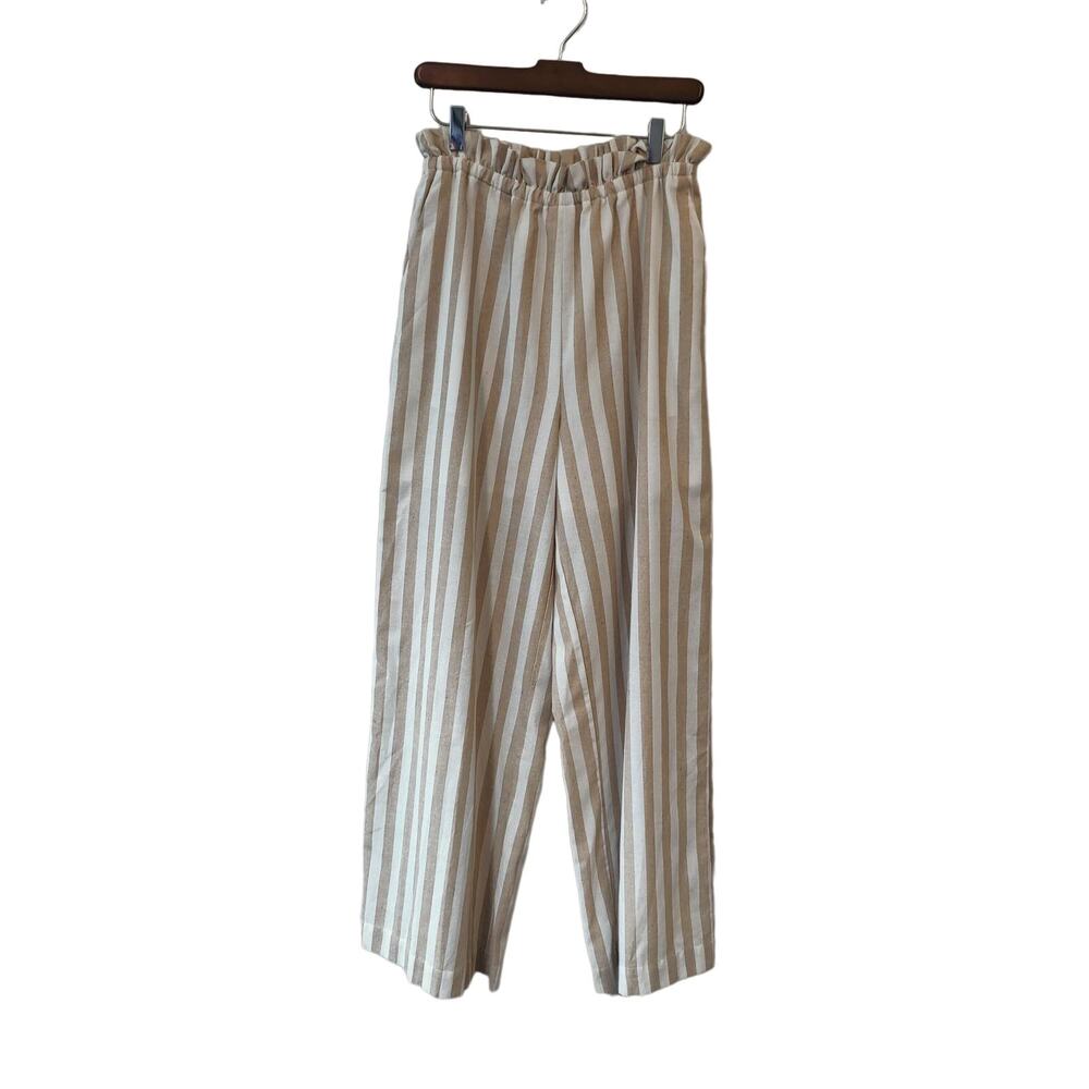 English Factory Sz S Cream Tan Stripe Paperbag Waist Wide Leg Pants High Rise